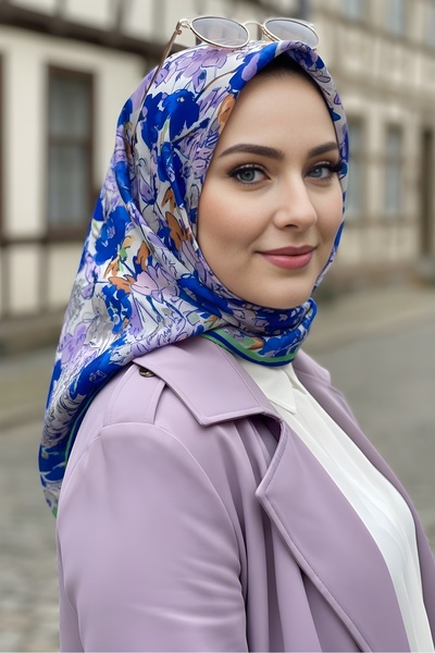 İmajButik ليلك/ أزرق بلون الكوبالت وشاح قطني رقمي ناعم