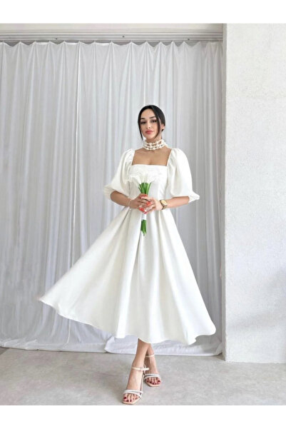 Dilek Vardar White Square Neck Balloon Sleeve Midi Dress