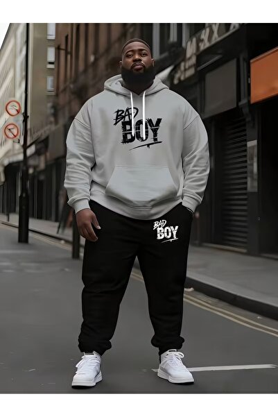 Flaubert Falubert-Men's Printed Ghi Large Size Sweatahirt - Sweatpants 2-Piec...