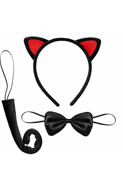 magicool Red Eared Cat Costume Set – Crown Bow Tie Tail 3 Pieces