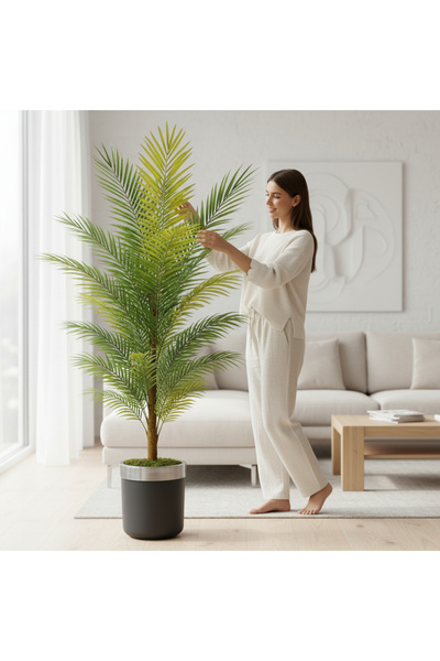ERHAN FLOWERS Yapay areka palmiyesi Siyah gümüş saksı 170 cm
