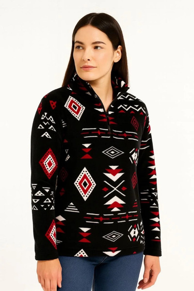 BLACK MODBLACK Women's Half Zippered Patterned Fleece Sweatshirt Tribal Ethni...