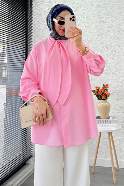 MELEK ARAZ Tie Collar Oversized Women's Shirt Tunic – Pink