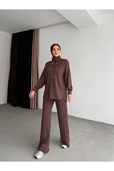 Bak'ap Premium Modal Staple Detailed Mock Neck Sweatshirt-Loose Trousers 2-Pi...