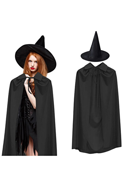 magicool 120 cm Black Collared Cape and Black Witch Hat Costume Set