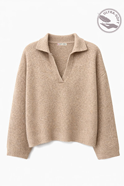 Mixray 7001 women's polo collar wool blend knit premium sweater - mink marl