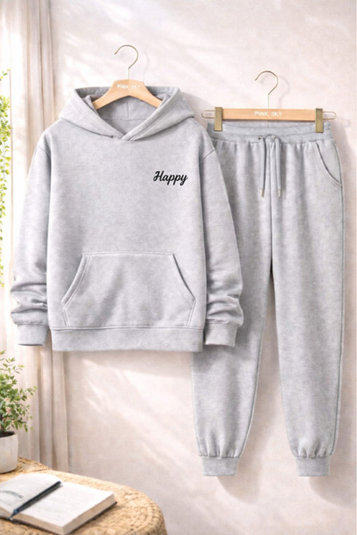 Pink Sky Unisex Happy Printed Hooded Sweatshirt & Jogger Tracksuit Set