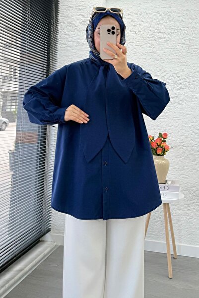 MELEK ARAZ Tie Collar Oversized Women's Shirt Tunic – Navy Blue