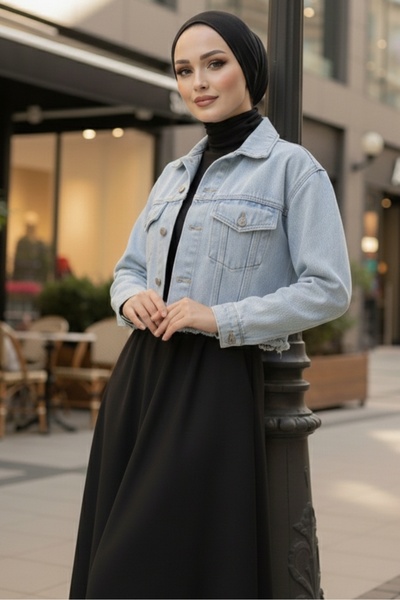 Bestenur Cepli Kısa Kot Ceket 1669 - Buz Mavi