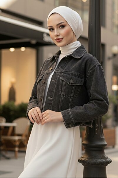 Bestenur Short Denim Jacket with Pockets 1669 - Anthracite