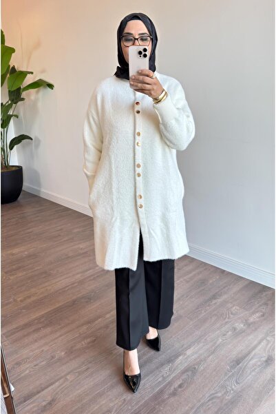 Mahhar Angora Hakim Yaka Çıtçıtlı Hırka - Ekru