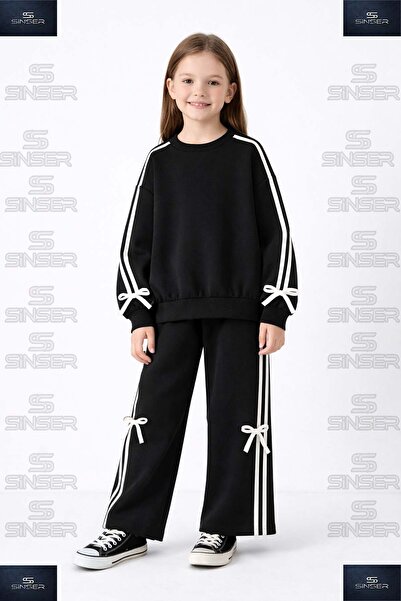 SS SİNSER Fiyonklu Şeritli Sıfır Yaka Kurdeleli Kız Çocuk Eşofman Takımı Studıo