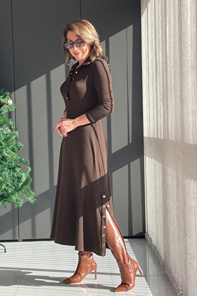 MİSLİNA BUTİK Düğme Detay Kahve Elbise