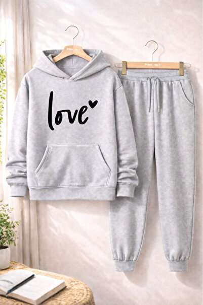 Pink Sky Unisex Love Printed Hooded Sweatshirt & Jogger Tracksuit Set