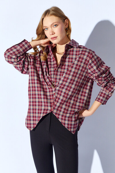Manche Burgundy Plaid Shirt with Front Tie Detail | Mks1610715-1