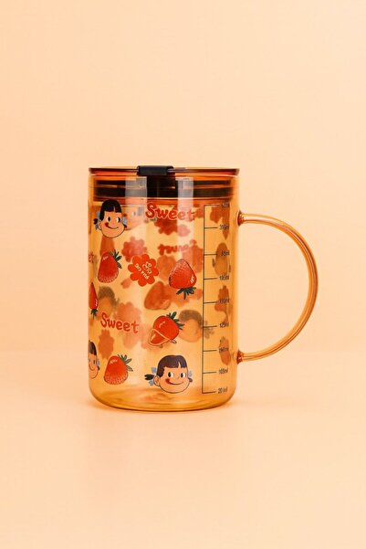 Midi Large Amber Glass Cup 1000 ml - Strawberry and Cartoon Design