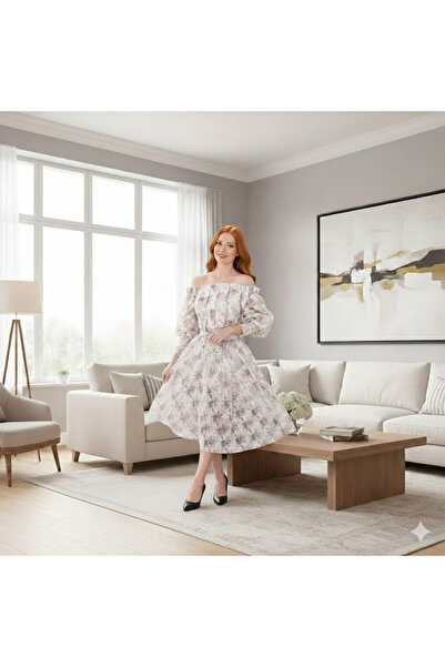 FULLJOY Short floral off-shoulder organza jacquard dress with puff sleeves