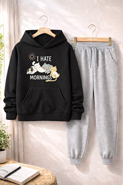 Pink Sky Unisex I Hate Mornings Printed Hooded Sweatshirt & Jogger Tracksuit Set