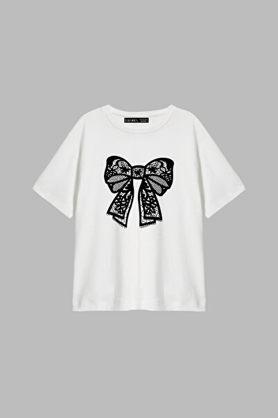 CİNEMA MODA Lace Ribbon Printed Relaxed Fit White Women's Tshirt