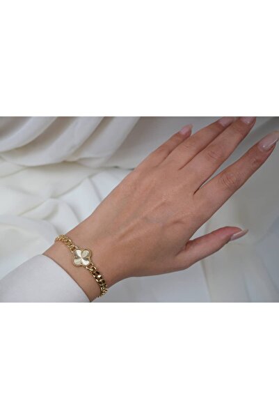 ATELİER TUĞBA BLK202 GOLD YONCA DETAYLI KÜBA ZİNCİR ÇELİK BİLEKLİK (16,5 cm +...