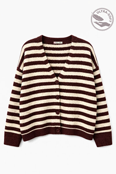 Mixray 7017 Women's Wool Blend Oversized Striped Knitwear Cardigan Claret Red