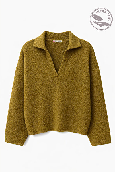 Mixray 7001 Women's Polo Neck Wool Blend Knitwear Premium Sweater Oil Green