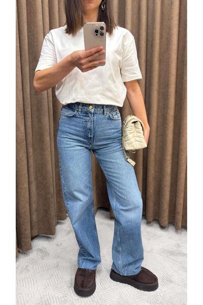 Maysa MAVİ-TAŞLANMIŞ KESİK PAÇA STRAİGHT JEAN