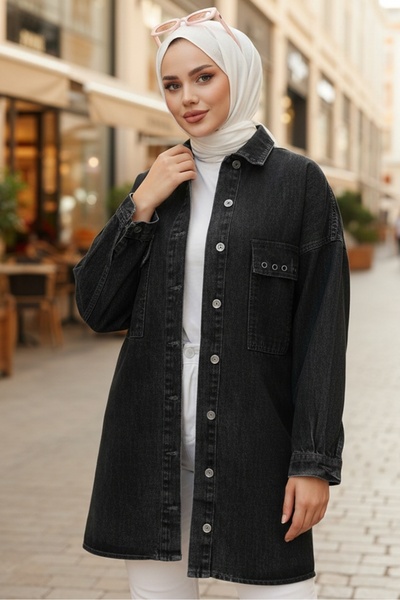 Bestenur Kuş Gözlü Cepli Kot Ceket 1671 - Antrasit