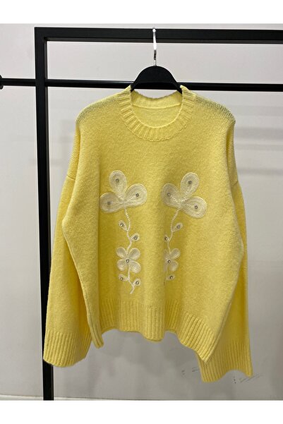 Hatun Atila Women's Yellow Stone Embroidered Crew Neck Knit Sweater 12127