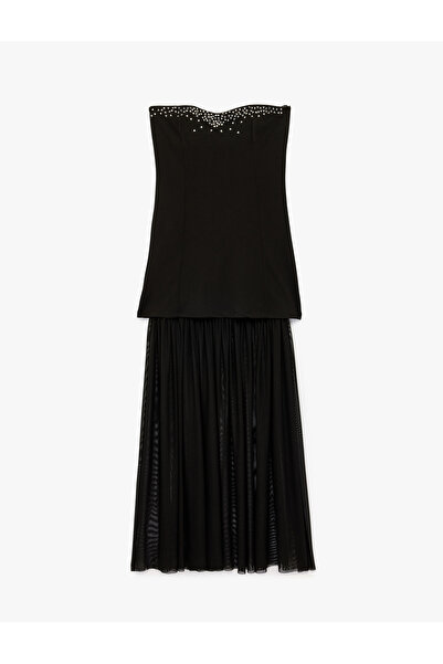 Koton Scuba Kumaş Tül Detaylı Taşlı Straplez Elbise