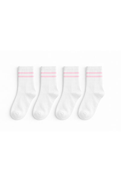 SOLDE SOCKS 2’li Set Kadın Pamuklu Günlük Çorap – Düz Beyaz Pembe Çizgili Tas...