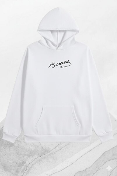 NO 601 Unisex White Ataturk Signed B Printed Hooded Sweatshirt