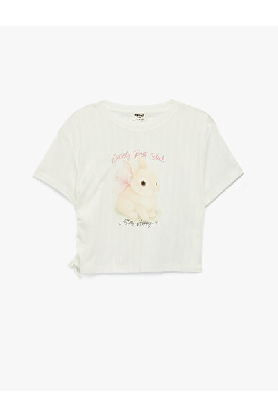 Koton Μπλουζάκι με κοντό μανίκι λεπτομέρεια με σούρες Rabbit με τύπωμα Crop T...