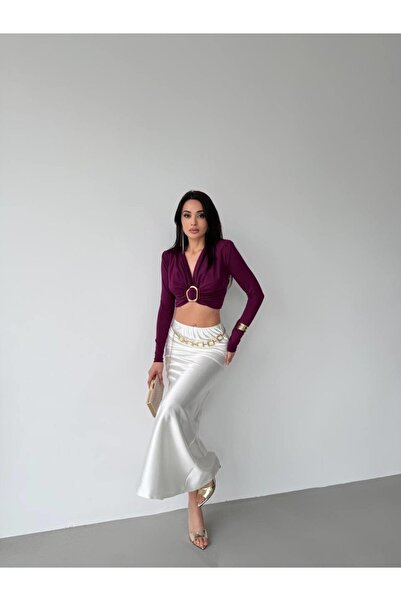 Elaxi Women's Diver Fabric Buckled Shoulder Pad Piece Crop Blouse