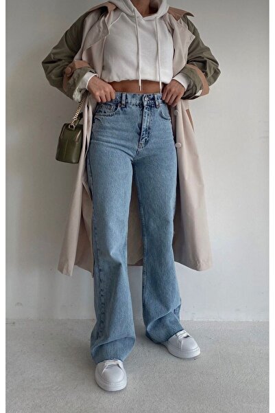 MRİABE Snow Wash Loose Denim Trousers Blue Snow Lycra Palazzo