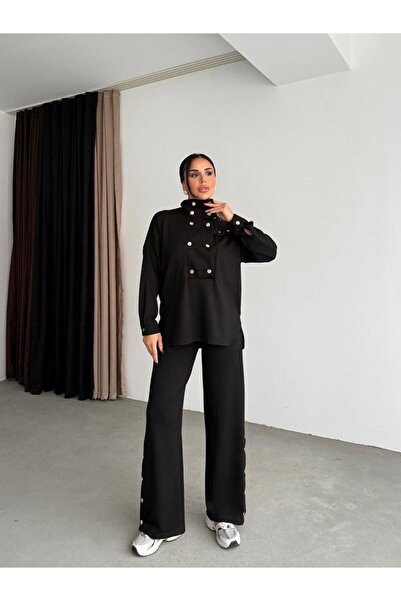 Bak'ap Premium Modal Staple Detailed Mock Neck Sweatshirt-Loose Trousers 2-Pi...