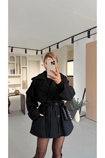 Sezgi Tekin Allerli Leather Belt Detail Black Trench