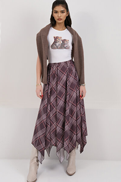 Trend Alaçatı Stili Women's Brown Asymmetrical Cut Lined Woven Skirt Alc-X14890