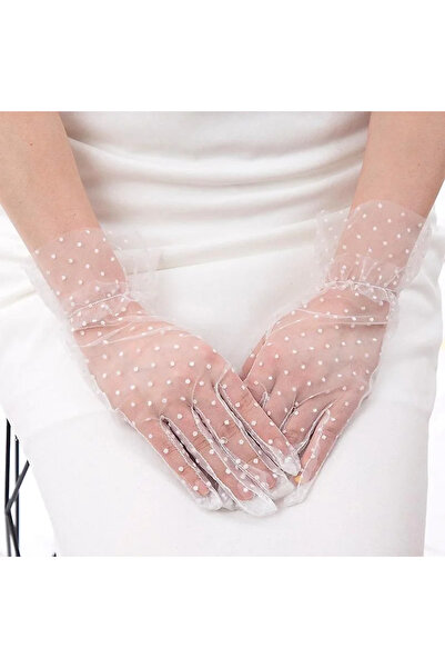 magicool Short Length Laced White Polka Dot Tulle Gloves White Color
