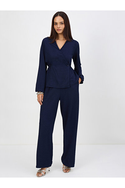 Femmella By Styli Women Navy Blue Textured Wrap Top with Pants Co-Ord