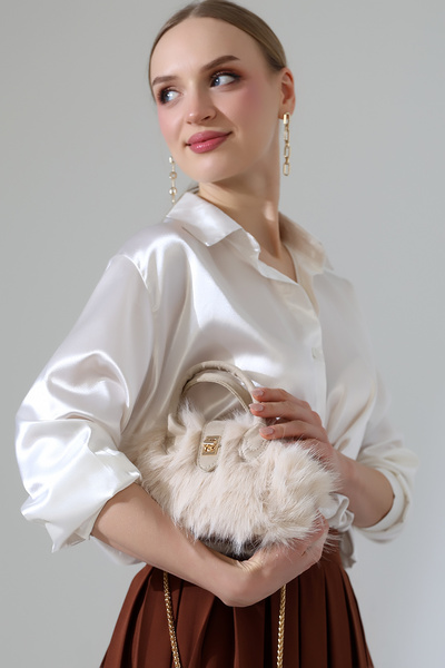 BALANZ Beige Women's Plush Bag Chain Crossbody Shoulder and Hand Bag