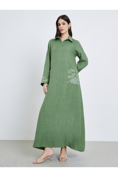 Styli Women Green Embroidered Collared Jalabiya