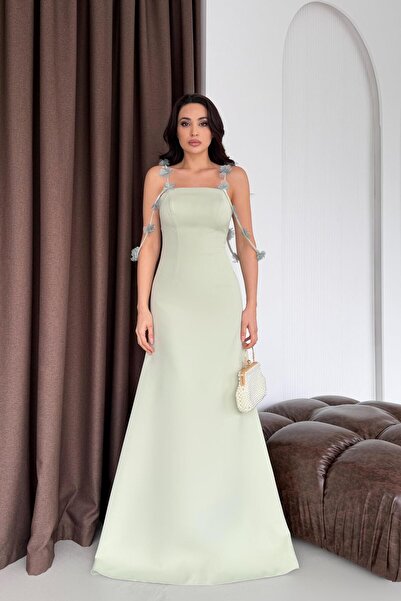 Serica Moda Mint Strap Floral Detailed Long Evening Dress