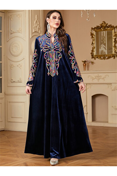 Take Two By Styli Women Navy Blue Embellished Velvet Jalabiya