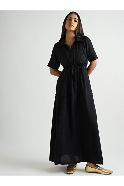 Styli Women Black Half Zipper Collared Maxi Dress