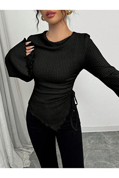 Take Two By Styli Women Black Ribbed Tie-Waist Top