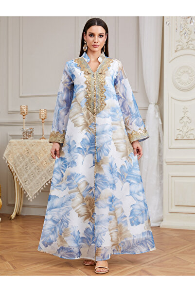 Take Two By Styli Women Floral Printed Sequin Patch Detail Jalabiya