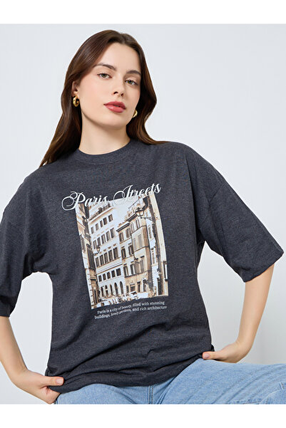 Styli Women Charcoal Paris Graphic Oversized T-Shirt