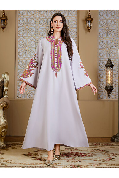 Take Two By Styli Women Grey Embroidered Velvet Jalabiya