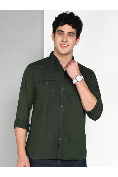 KUONS AVENUE By Styli Men Olive Cotton Twill Shirt